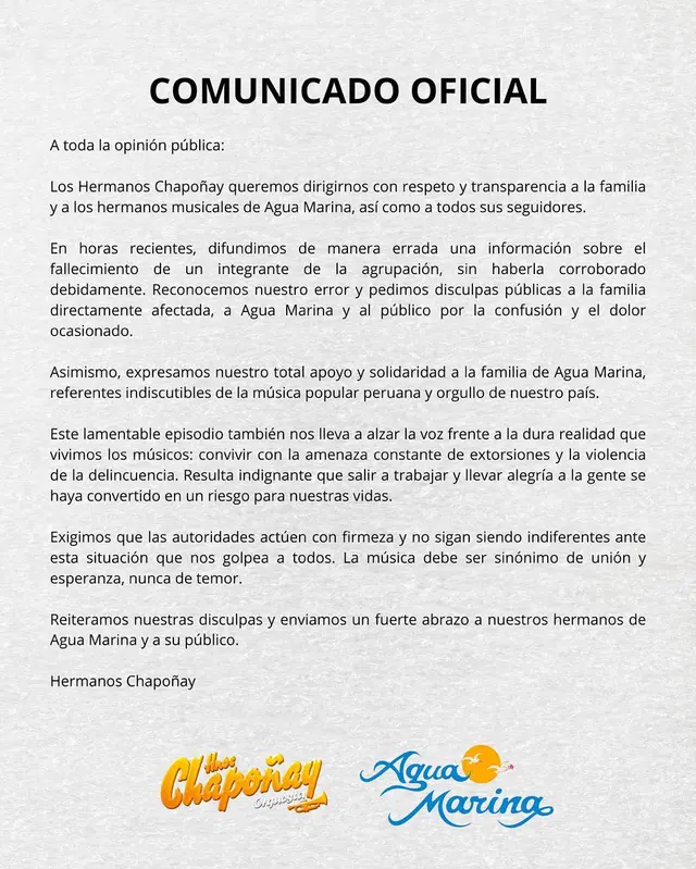  Hermanos Chapoñay piden perdón tras difundir erróneamente que integrante de Agua Marina había fallecido. Foto: Facebook   