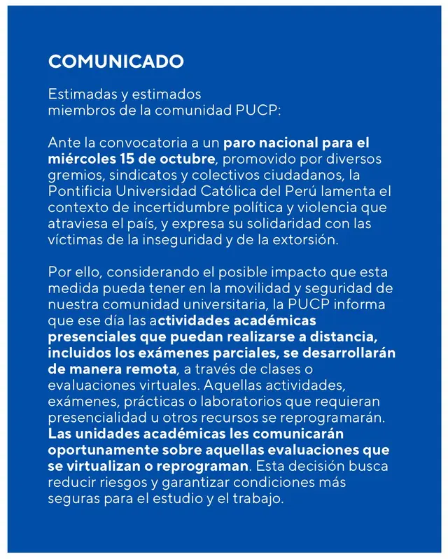 Comunicado de la PUCP. Foto: X   