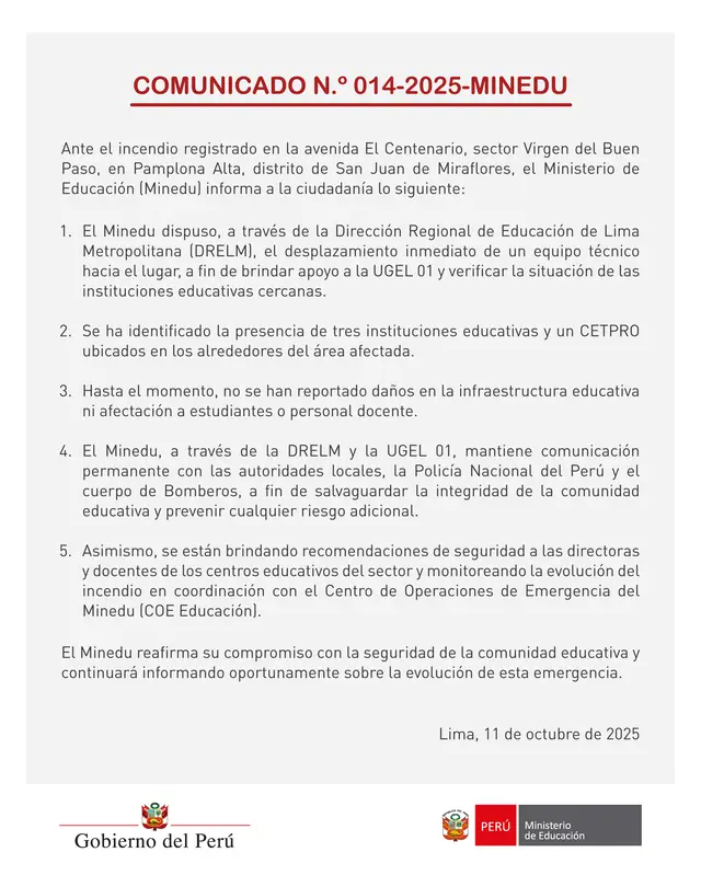 Minedu se pronunció ayer sobre el siniestro.   