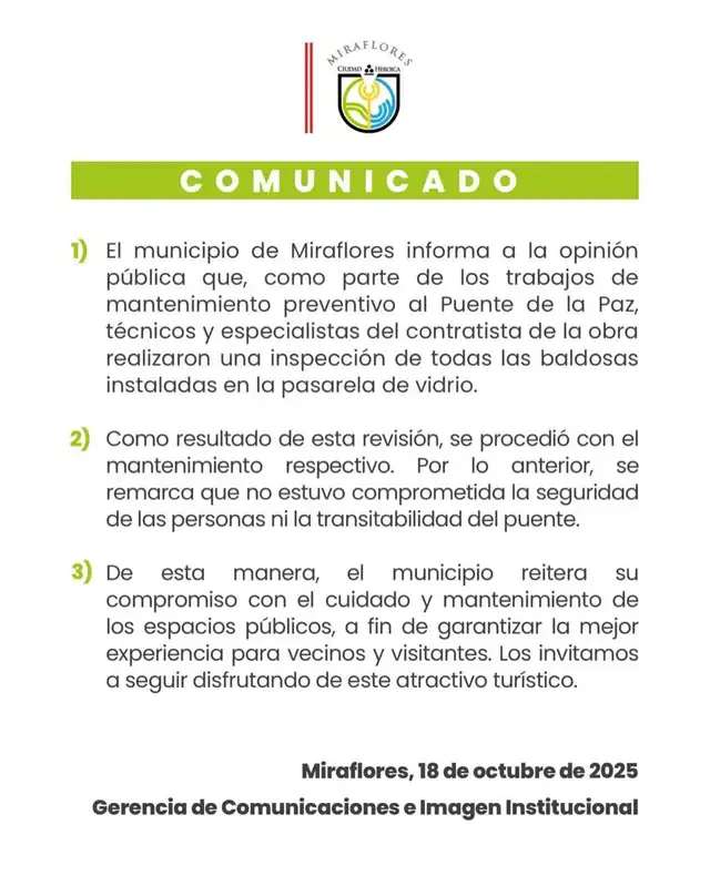 Comunicado de la Municipalidad de Miraflores. Foto: Municipalidad de Miraflores Comunicado de la Municipalidad de Miraflores. Foto: Municipalidad de Miraflores
