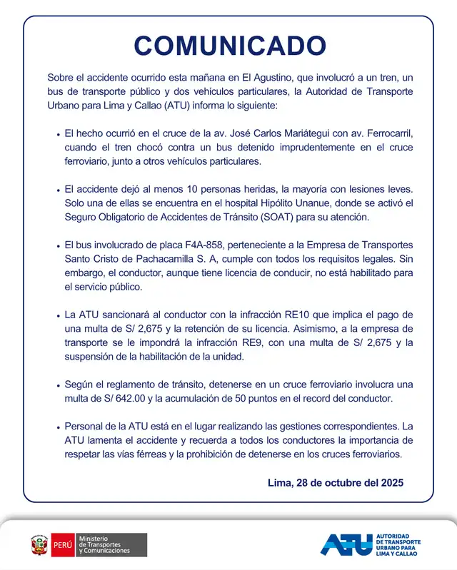  Comunicado sobre accidente en El Agustino.    