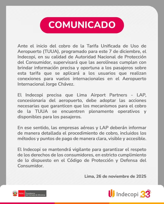 Indecopi se pronuncia ante el inicio del cobro de la Tarifa Unificada de Uso de Aeropuerto (TUUA). Foto: 'X' Indecopi Oficial Indecopi se pronuncia ante el inicio del cobro de la Tarifa Unificada de Uso de Aeropuerto (TUUA). Foto: 'X' Indecopi Oficial