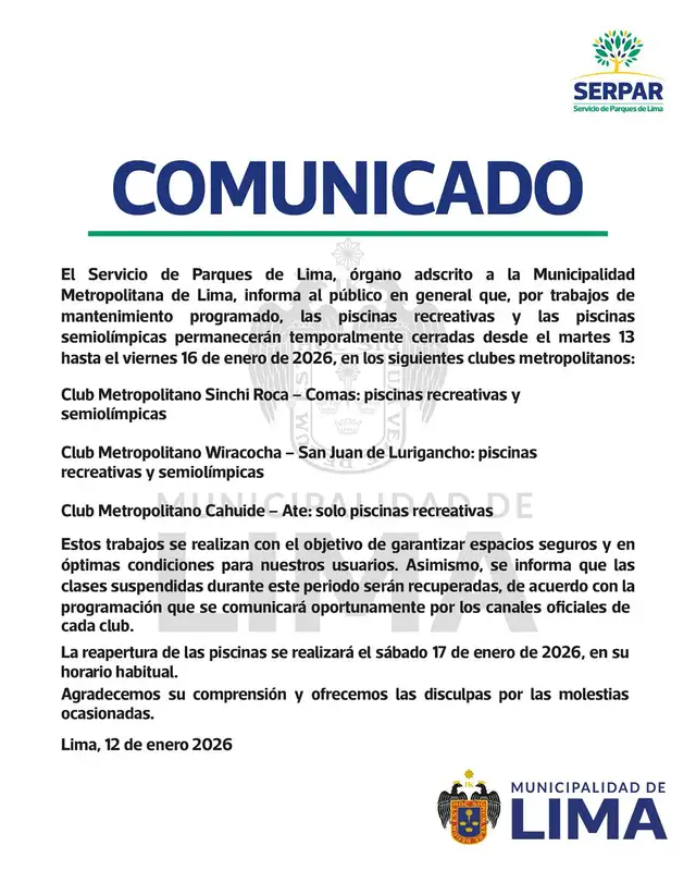 Comunicado de Serpar sobre el cierre temporal de piscinas. Foto: FB Comunicado de Serpar sobre el cierre temporal de piscinas. Foto: FB