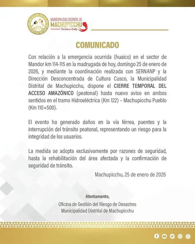 La Municipalidad informó que la restricción es temporal. Foto: Facebook.   