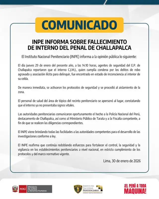 Comunicado del INPE informando el deceso de un interno en enero pasado. Foto: Difusión   
