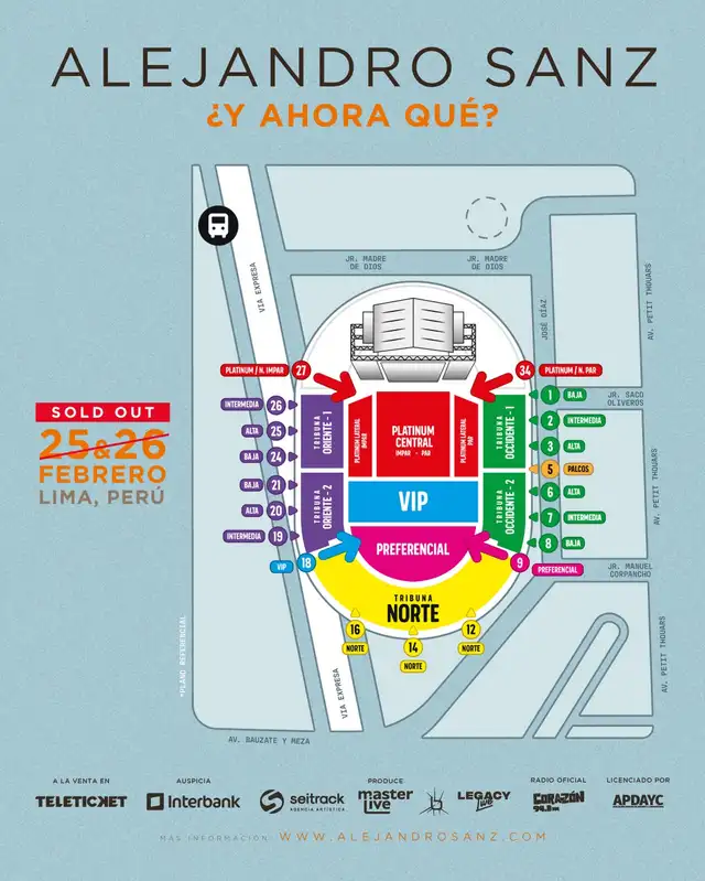 Mapa de ingresos para los conciertos de Alejandro Sanz en el Estadio Nacional de Lima. Foto: Facebook/Master Live   