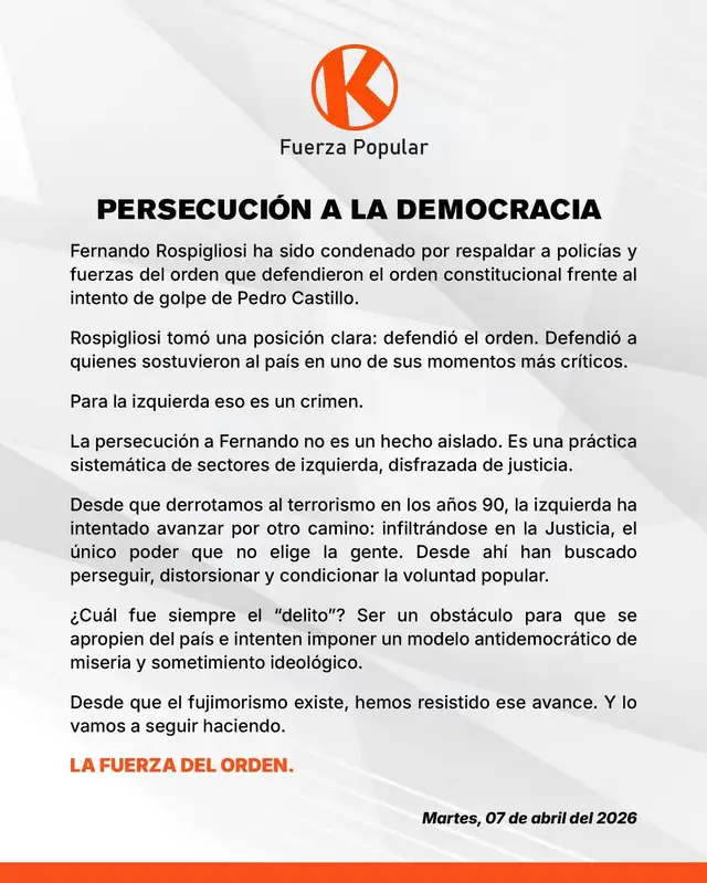 Comunicado publicado Fuerza Popular en sus redes sociales. Foto: Facebook Comunicado publicado Fuerza Popular en sus redes sociales. Foto: Facebook