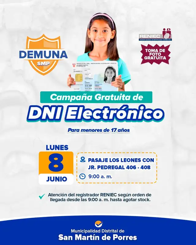 DNI electrónico gratis, Reniec, Municipalidad de San Martín de Porres