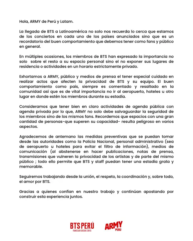 Comunicado de fanclub de BTS en Lima. Comunicado de fanclub de BTS en Lima.