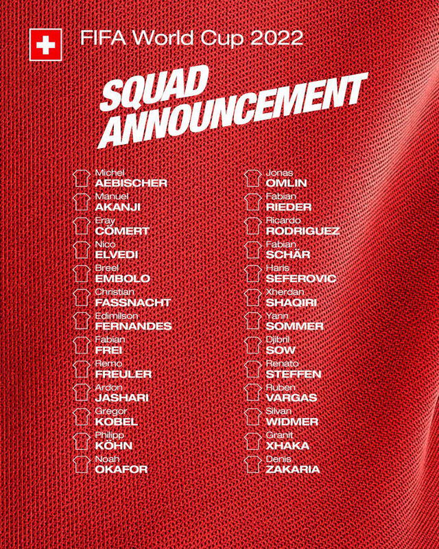 Convocados de Suiza para Qatar 2022. Foto: selección suiza