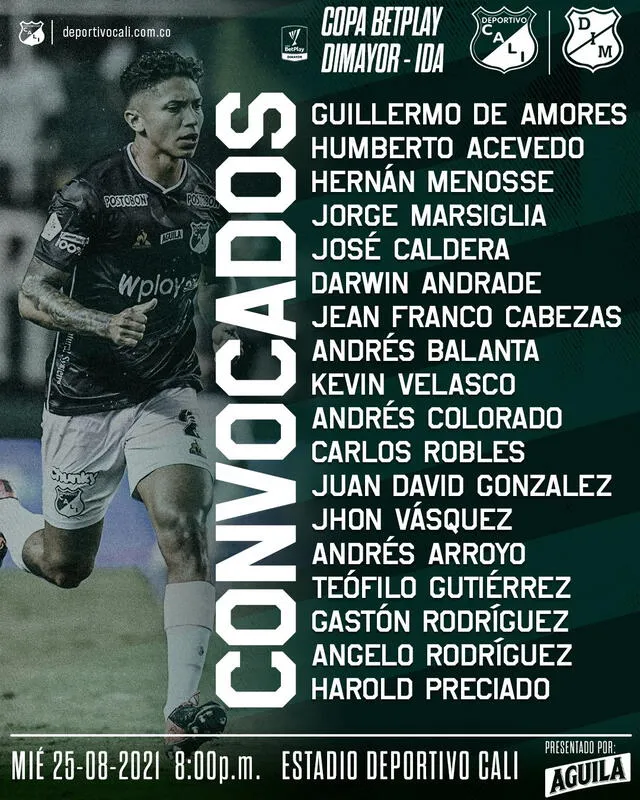 Lista de convocados del Deportivos de Cali para recibir al Independiente. Foto: Twitter Deportivo Cali