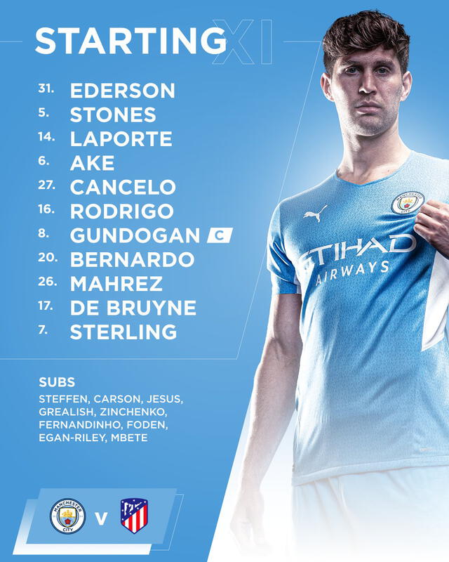 El 11 de los citizens para el duelo ante Atlético Madrid. Foto: Manchester City