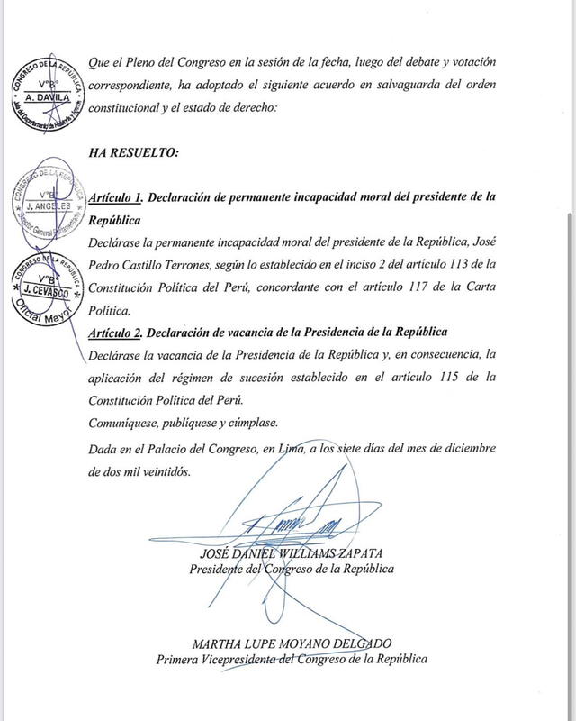 Pedro Castillo: se publica la resolución del Congreso que declara la vacancia del expresidente