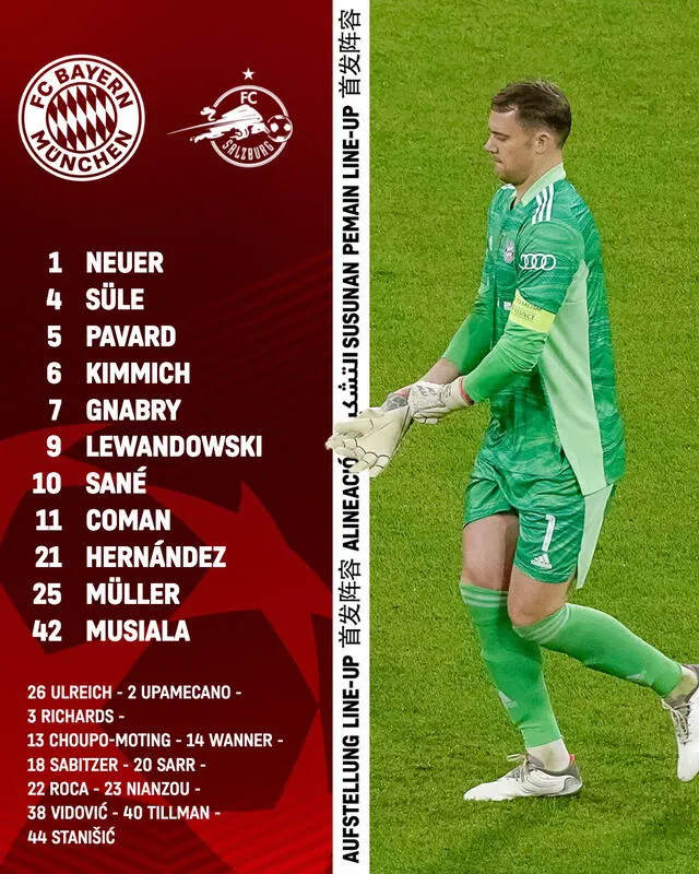 El 11 del Bayern Múnich para jugar ante RB Salzburg por la vuelta de octavos de Champions League. Foto: Twitter @FCBayern