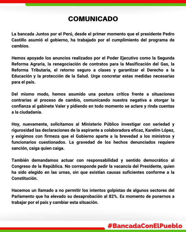 Comunicado de Juntos por el Perú. Foto: @bancadaJP / Twitter