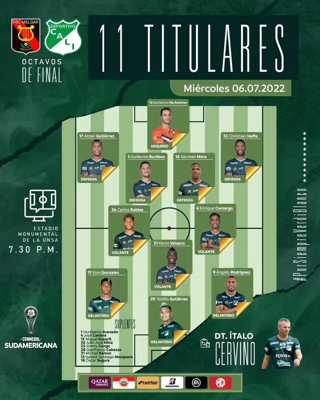 Alineación de Deportivo Cali. Foto: Deportivo Cali