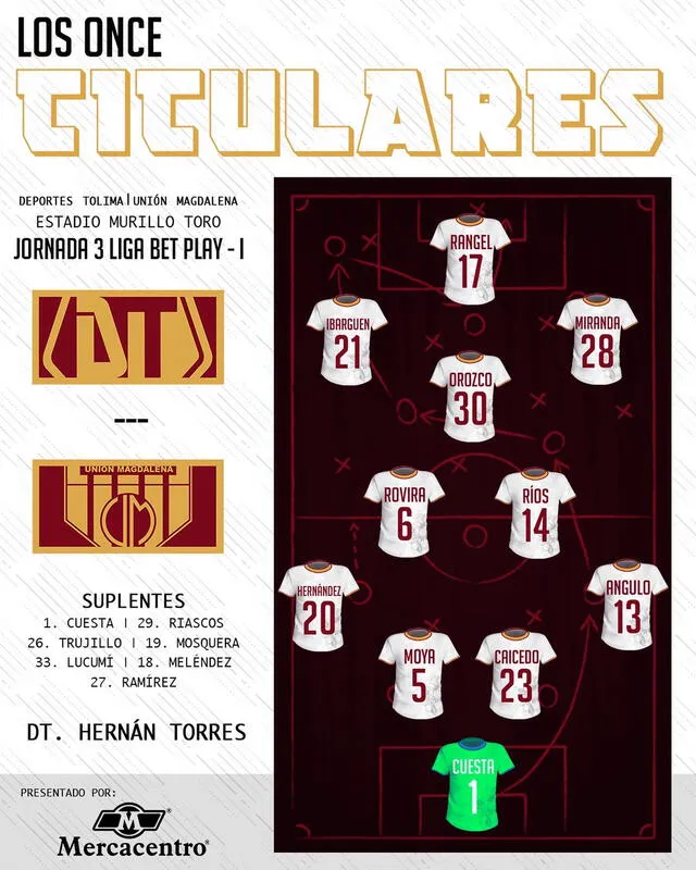 Formación de Deportes Tolima vs. Unión Magdalena. Foto: Deportes Tolima