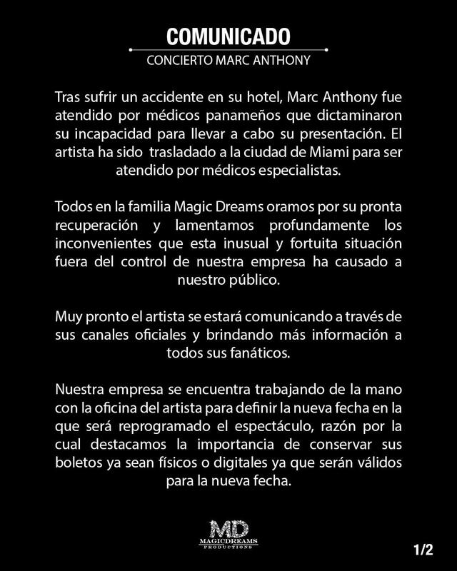 5.5.2022 | Comunicado de la empresa productora de Marc Anthony explicando qué sucedió con el artista. Foto: Instagram