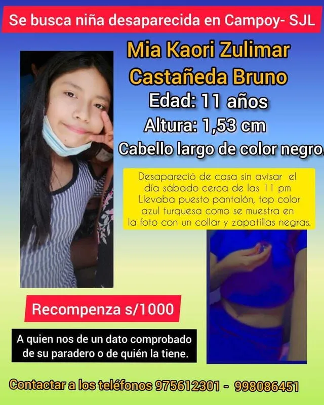 La familia de Mia Kaori está ofreciendo 1.000 soles como recompensa por su paradero.