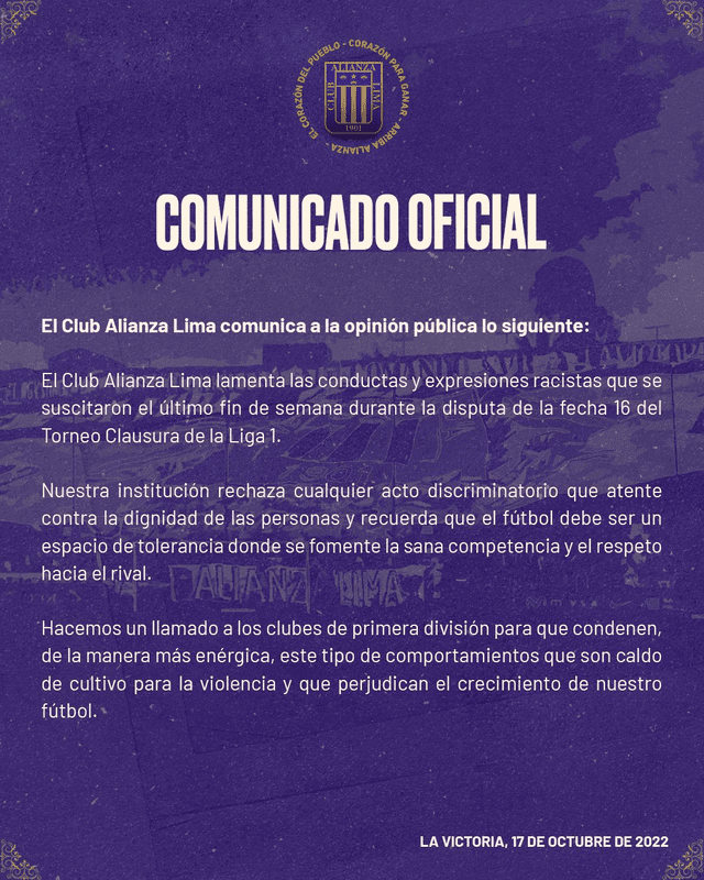 Comunicado de Alianza Lima. Foto: Alianza Lima/Twitter