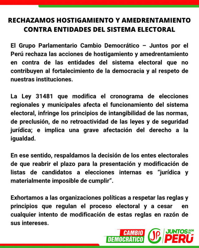 Comunicado de Cambio Democrático. Foto: captura