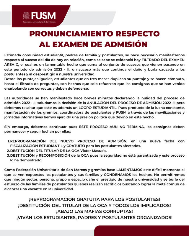 Pronunciamiento de la FUSM. Foto: Federación Universitaria de San Marcos