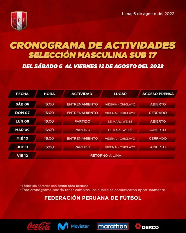 Cronograma del microciclo de la selección peruana sub-17