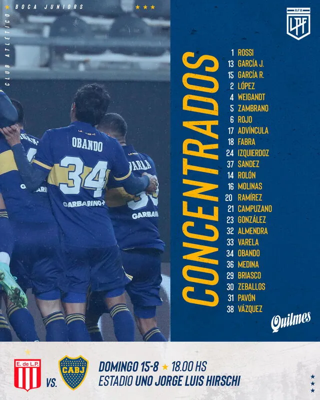 Los convocados por Boca Juniors para el encuentro con Estudiantes de La Plata. Foto: Twitter BocaJrsOficial