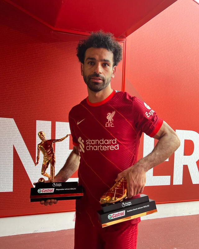 Mohamed Salah posando junto a sus trofeos. Foto: Liverpool
