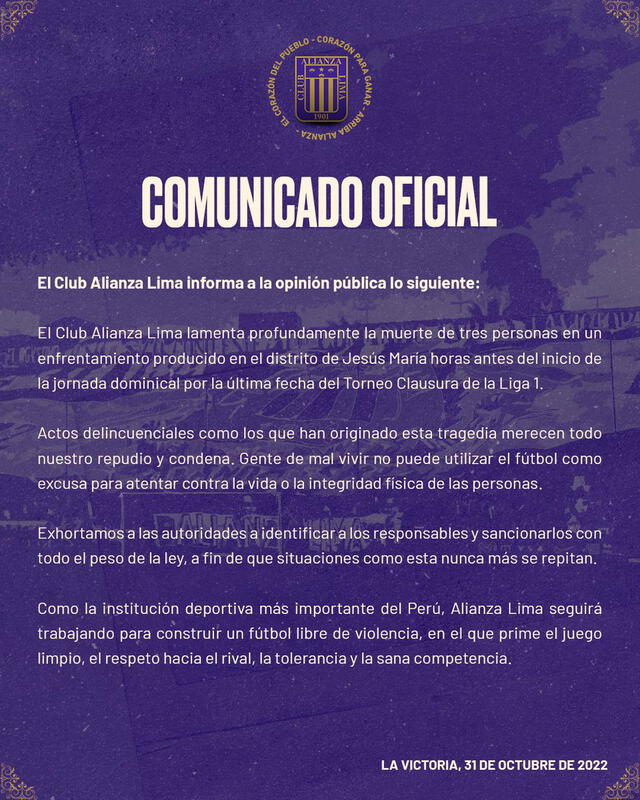 Alianza Lima y su comunicado sobre los 3 muertos en enfrentamiento. Foto: Twitter