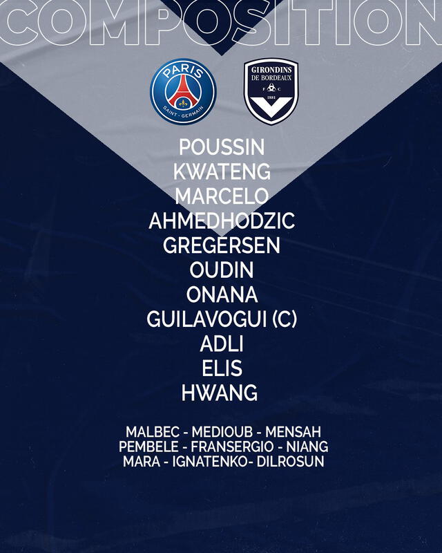 El 11 del Bordeaux para enfrentarse al PSG por la fecha 28 de la Ligue 1. Foto: Twitter @girondins