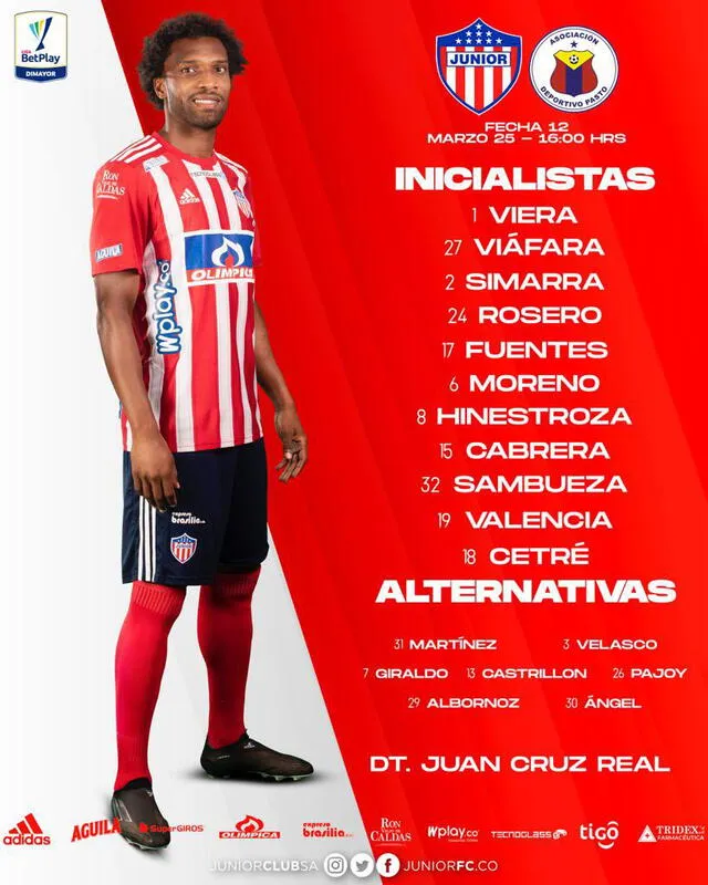 Así forma Junior ante Deportivo Pasto por la Liga BetPlay. Foto: Junior.