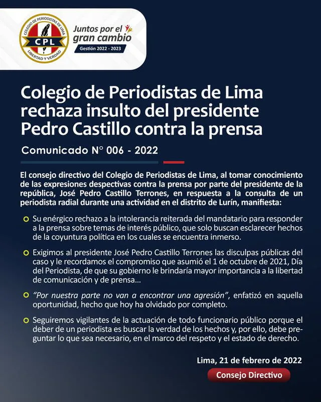 Colegio de Periodistas de Lima rechazó expresiones del jefe de Estado contra la prensa. Foto: comunicado del CPL