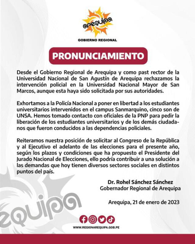 Pronunciamiento del Gobierno Regional de Arequipa
