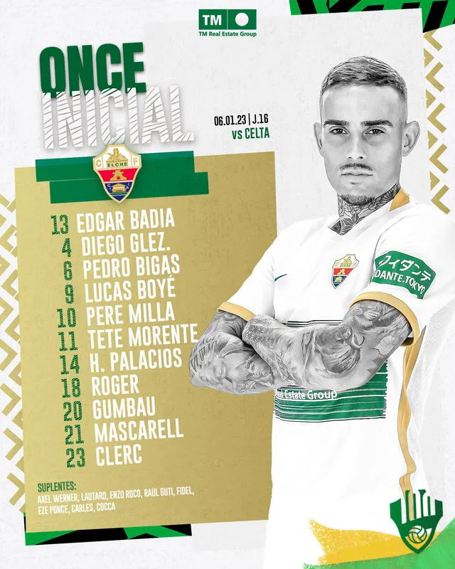 Formación inicial de los franjiverdes. Foto: Elche CF