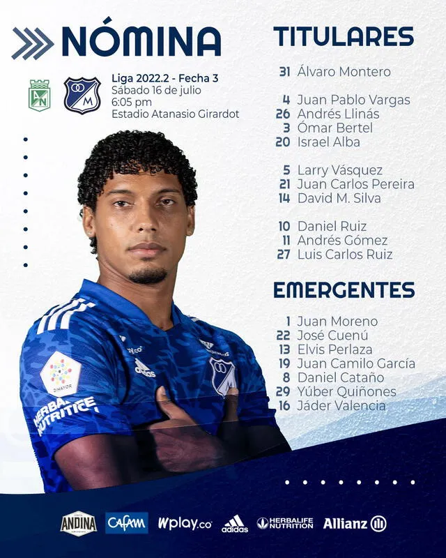 Así forma Millonarios ante Atlético Nacional. Foto: Millonarios/Twitter.