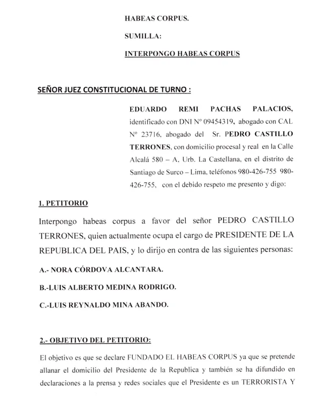 Habeas corpus presentado por el abogado de Pedro Castillo. Foto: documento