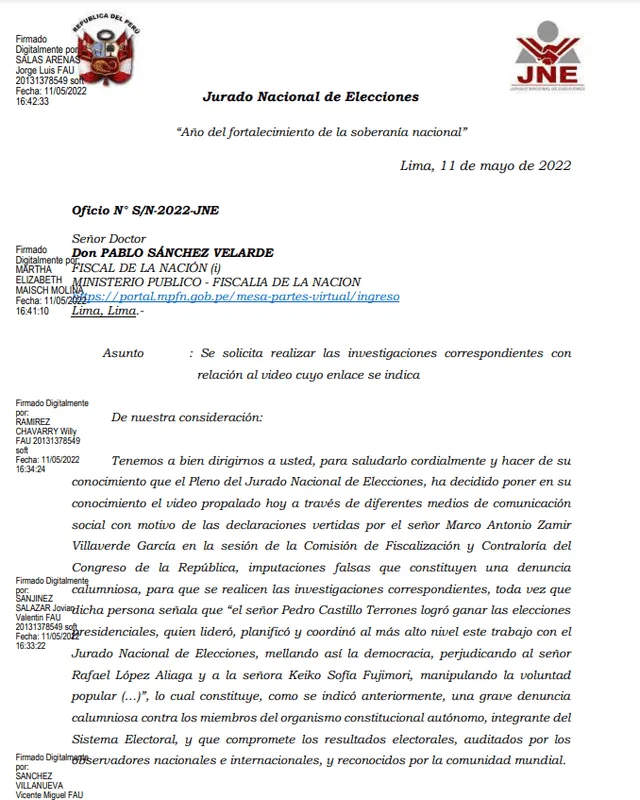 Oficio enviado por Jorge Salas Arenas a Pablo Sánchez. Foto: documento del JNE