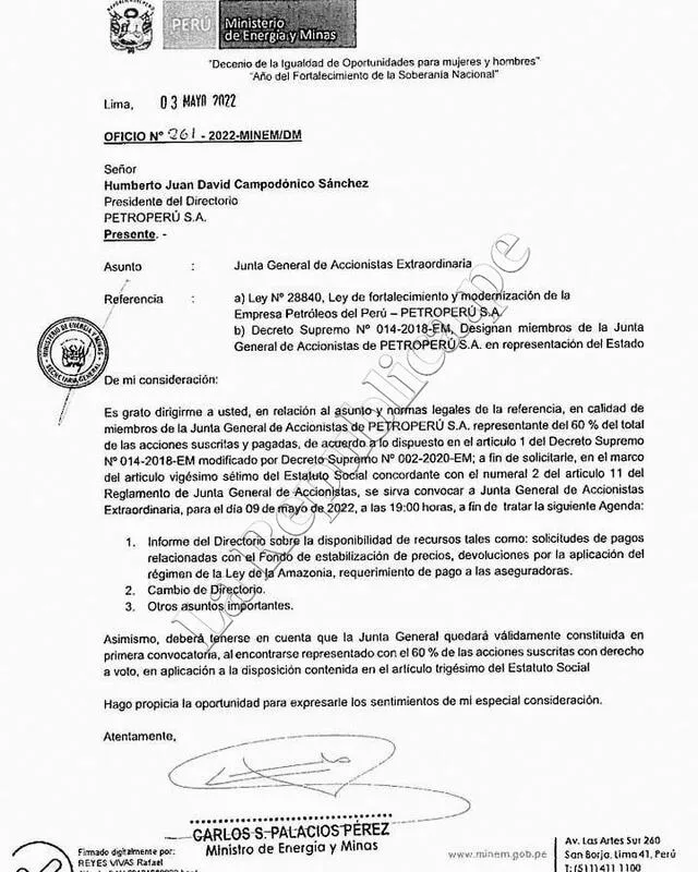 Convocatoria a Junta General de Accionistas extraordinaria.