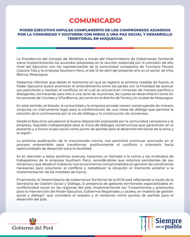 Comunicado PCM sobre conflicto en Cuajone. Foto: difusión