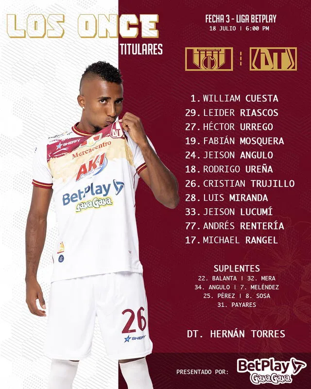 Alineación Deportes Tolima. Foto: Twitter Deportes Tolima