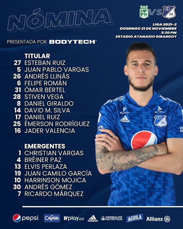 El once de Millonarios para el duelo ante Atlético Nacional. Foto: Twitter Millonarios