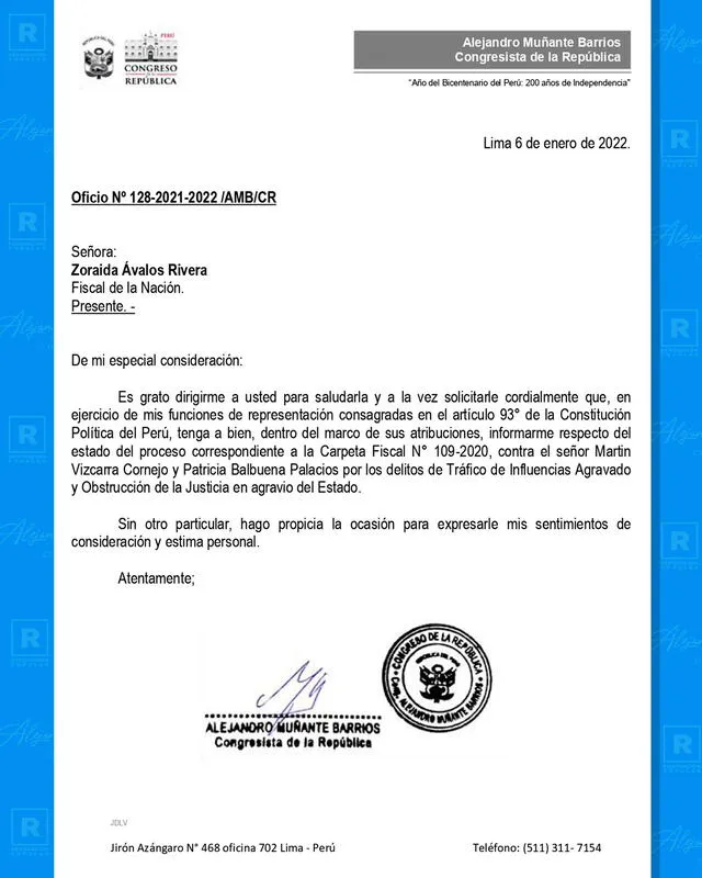 Alejandro Muñante solicita información a Zoraida Ávalos sobre investigación fiscal a Martín Vizcarra. Foto: Documento compartido por el congresista de Renovación Popular.