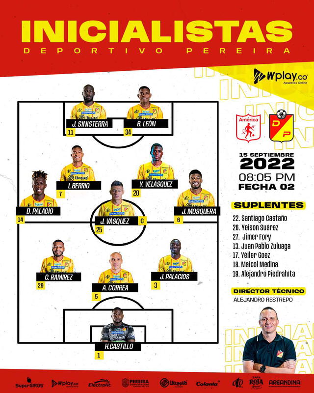 Alineación confirmada. Foto: Deportivo Pereira