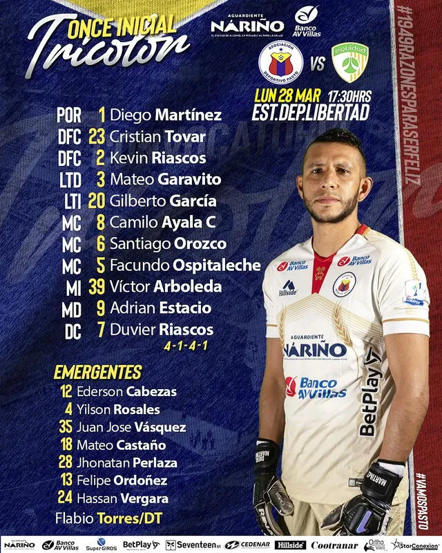 Alineación confirmada Deportivo Pasto. Foto: Twitter Deportivo Pasto