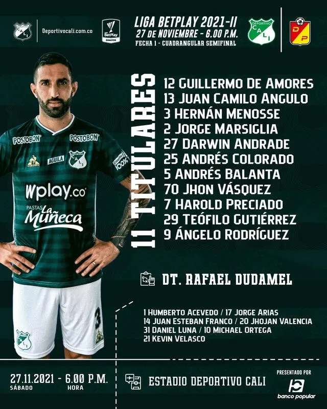 El once de Deportivo Cali para jugar ante Deportivo Pereira. Foto: Twitter Deportivo Cali