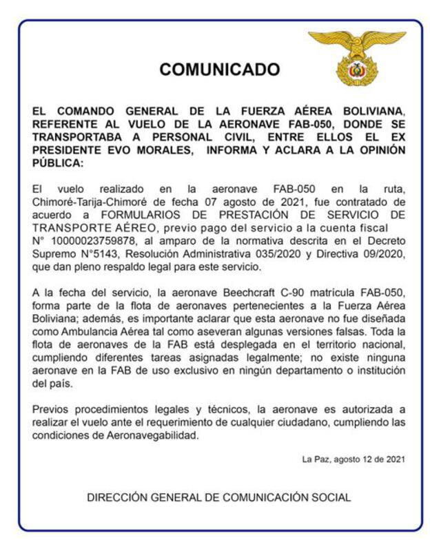 Fuerza Aérea Boliviana (FAB) se retracta a favor de Evo Morales