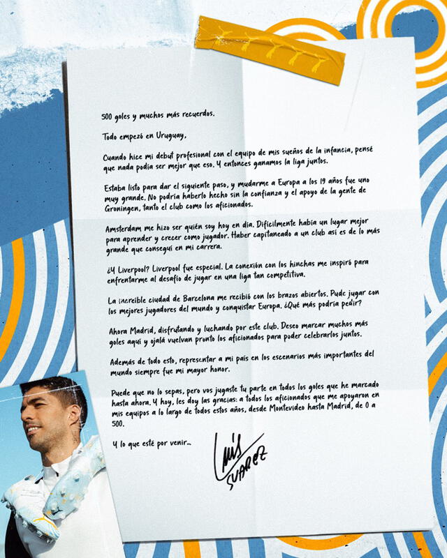 Carta de Luis Suárez tras anotar 500 goles como profesional