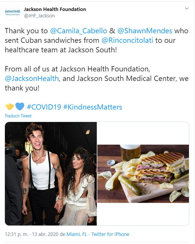 La publicación en Twitter de la Jackson Health Foundation que confirma la comestible donación.