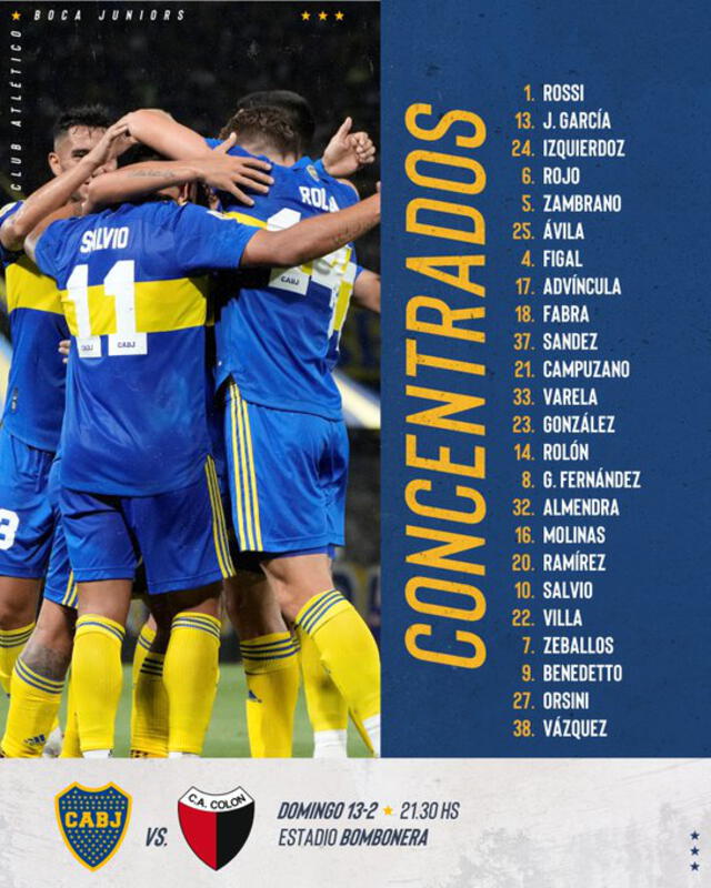 Lista de concentrados de Boca Juniors para jugar ante Colón. Foto: Twitter Boca Juniors